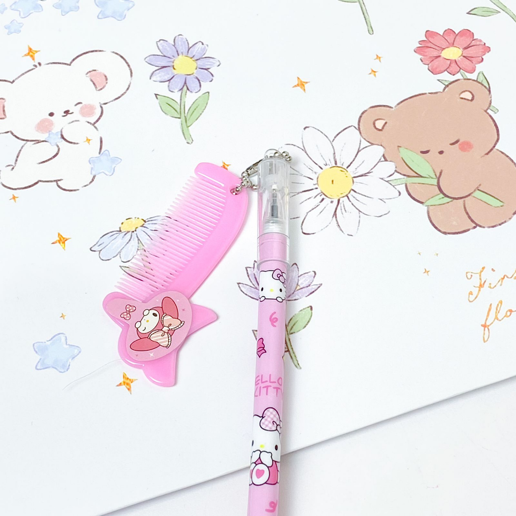 GROSIR 4 / 8 / 12 pcs / 1 Lusin Pen / Pulpen Gel Tinta Hitam Gantungan Sisir Mini Cute Comb Motif Kartun Jepang Kucing Sanrio Hello Kitty My Melody Cinnamoroll Little Twin Star Lucu Souvenir Grosir Ready COD