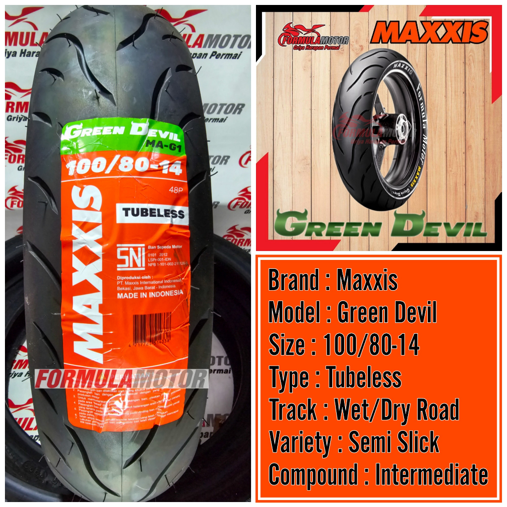 100/80-14 Ban Maxxis Green Devil MA-G1 Ring 14 Tubeless (Donat Medium-Soft) Ban Belakang Motor Matic Vario 150/LED, Beat Upsize Tubles