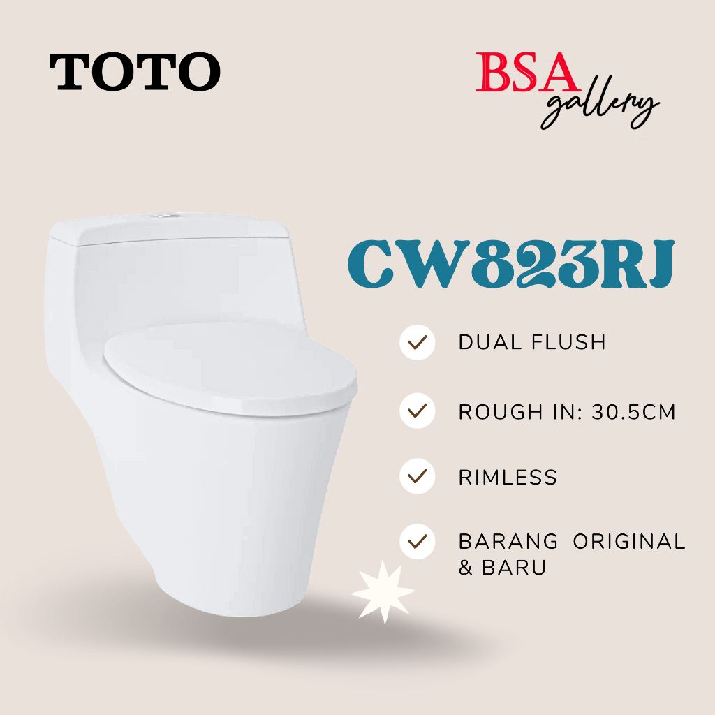 KLOSET DUDUK TOTO CW823RJ ORI / KLOSET TOTO MONOBLOK RIMLESS CW 823