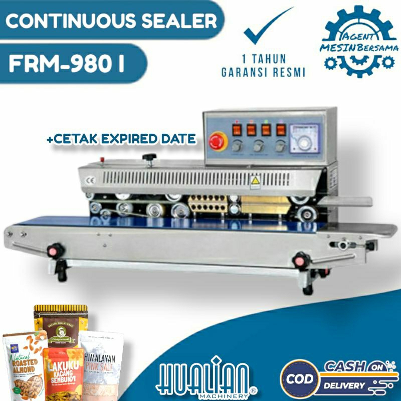 Mesin Continuous Band Sealer FRM-980 I Mesin Segel Plastik Kemasan Produk & Cetak Expired Date Huali