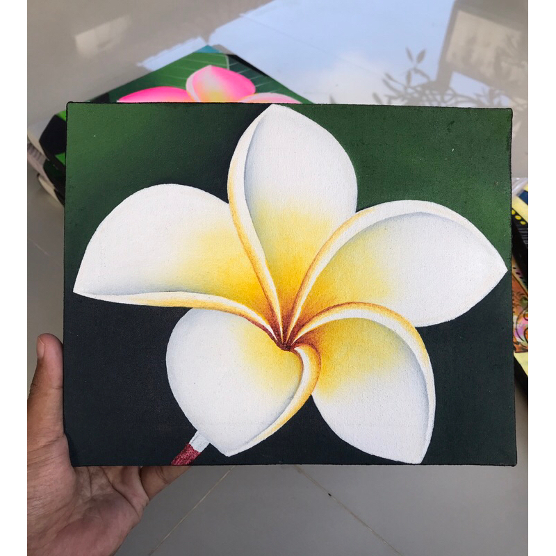 Lukisan Bunga Kamboja, Lukisan Kanvas, Hiasan Dinding, Ukuran 10R (20 x 25 cm), 100% Buatan Tangan
