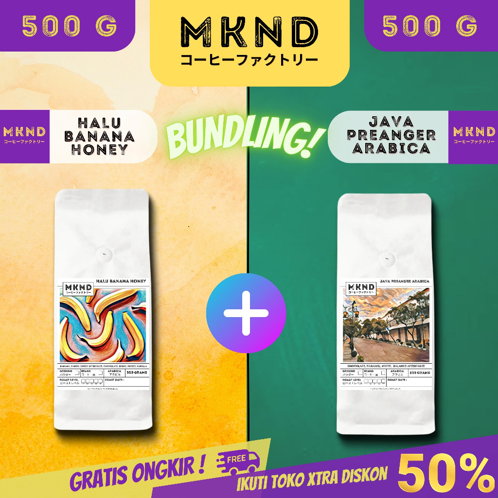 

MKND® BUNDLING HEMAT 2X500 KOPI HALU BANANA HONEY + JAVA PREANGER ARABICA PROMO
