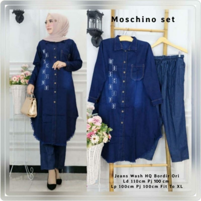 BAJU MUSLIM WANITA SETELAN JEANS BORDIR ATASAN DAN CELANA WANITA JEANS SET JEANS WANITA