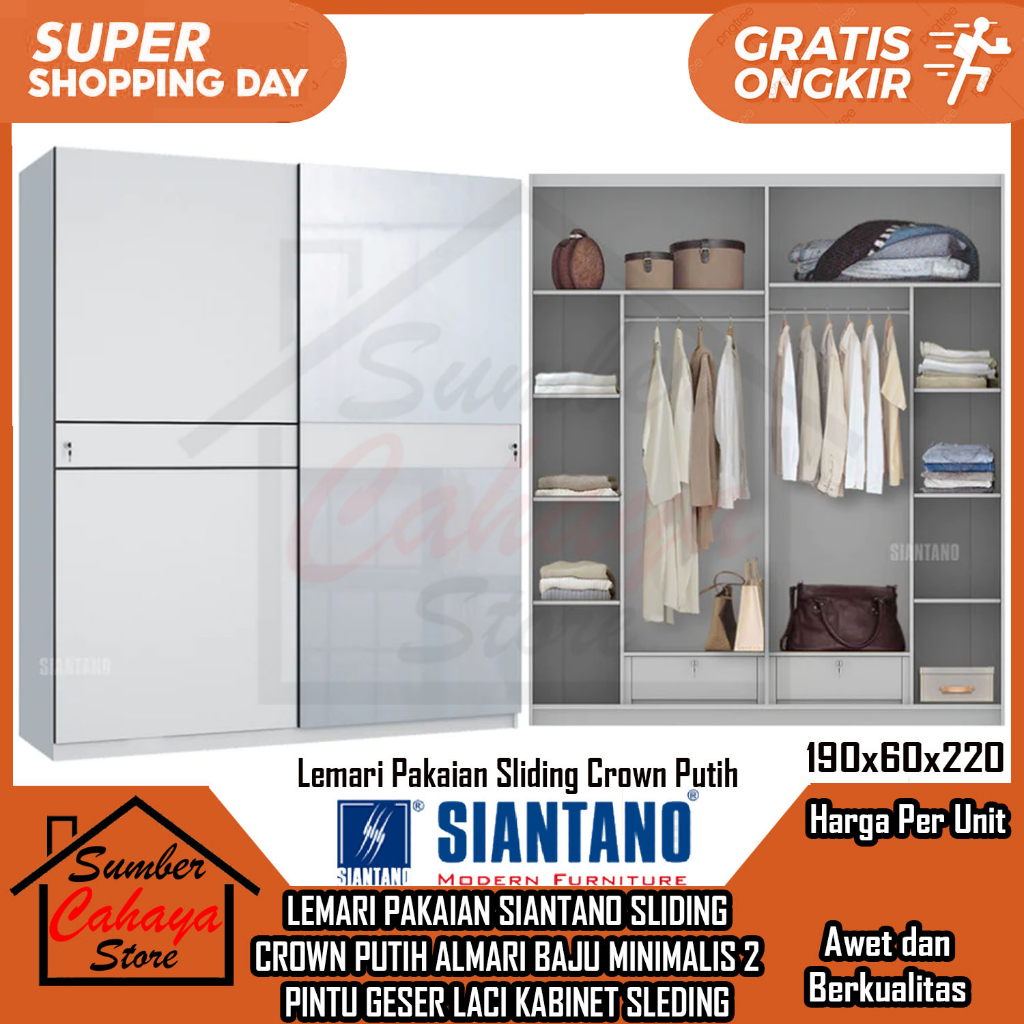 [Kargo] LEMARI BAJU SIANTANO SLIDING CROWN PUTIH WHITE GLOSSY CABINET ALMARI PAKAIAN 2 PINTU GESER S