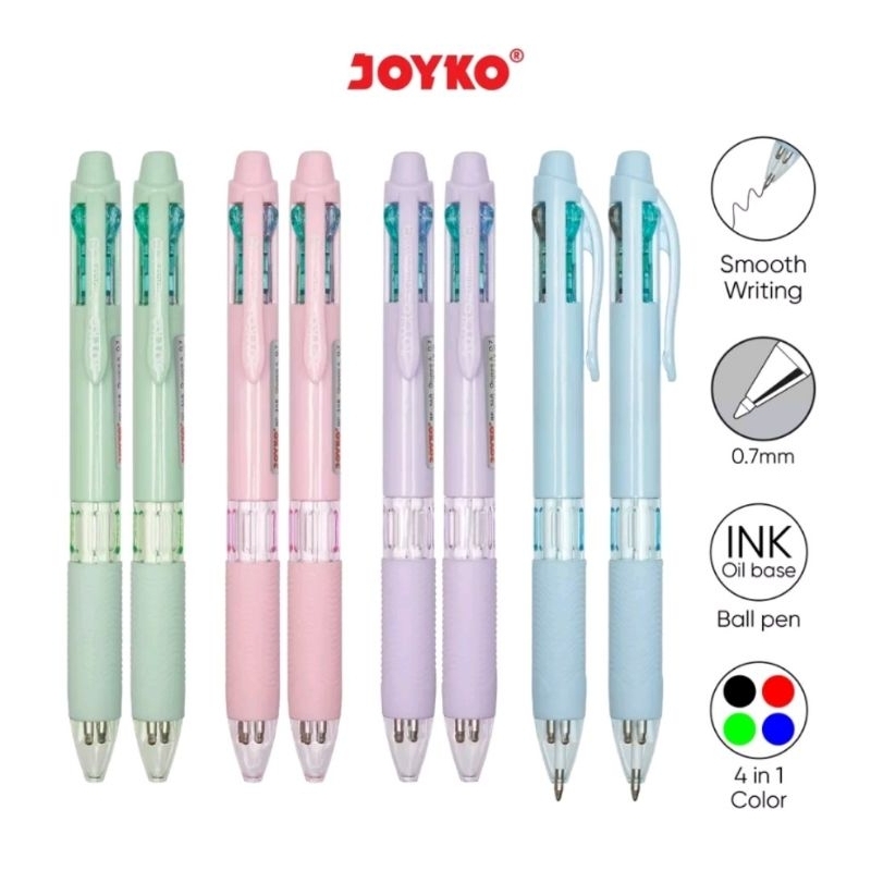 (1pcs )  pulpen bolpen ballpoint 4 warna in pen joyko BP-348 QUACO  4 pastel Barrel tebal 0,7
