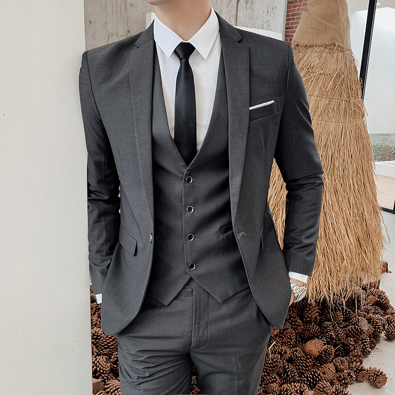 3 In 1 Set Jas Formal Pria Tuxedo Warna Abu Tua Setelan Pria Blazer  Rompi Vest Celana Bahan