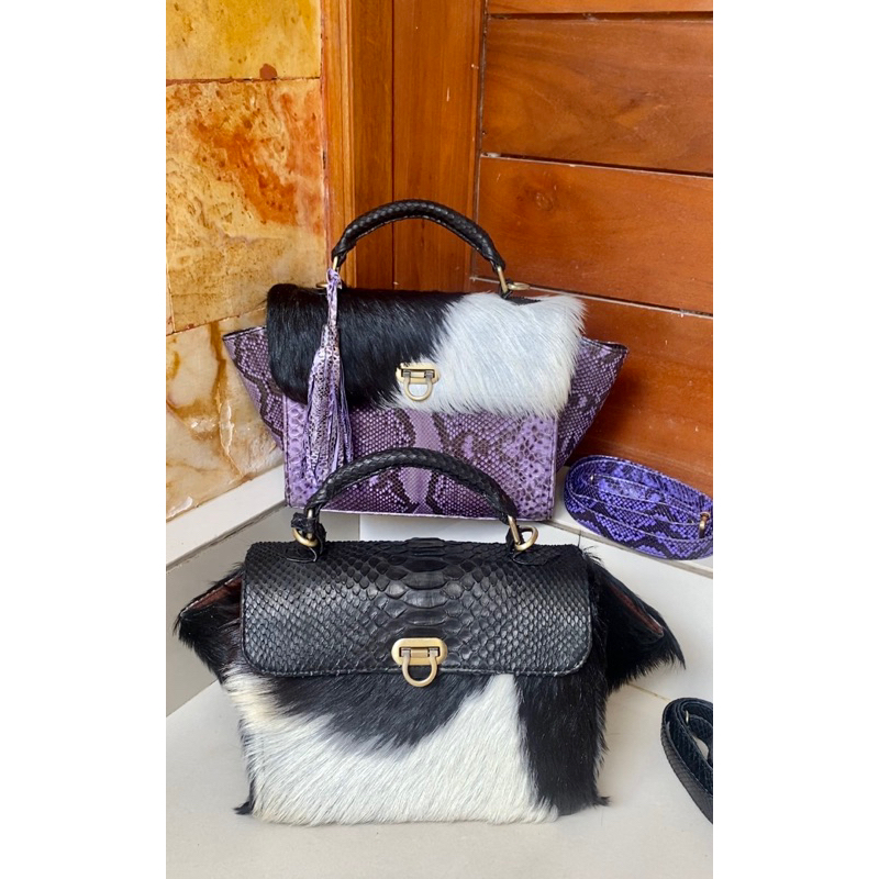 Tas kulit ular python asli mix bulu kambing asli