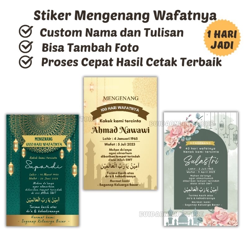 

Stiker Mengenang 7 40 100 1000 hari wafatnya mendiang kakek nenek ayah ibu label custom nama tulisan tambah foto segel kemasan dus box kotak nasi kue hantaran bingkisan selamatan tasyakuran pendak 1 2 3 tahun memperingati