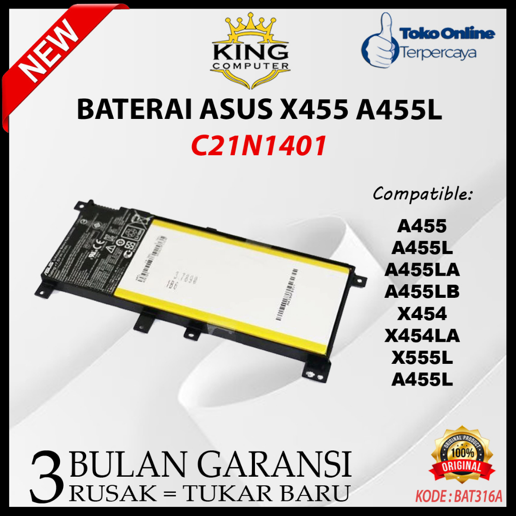Baterai Laptop Asus A455L X455 X455L X455LA X455LD C21N1401 Original