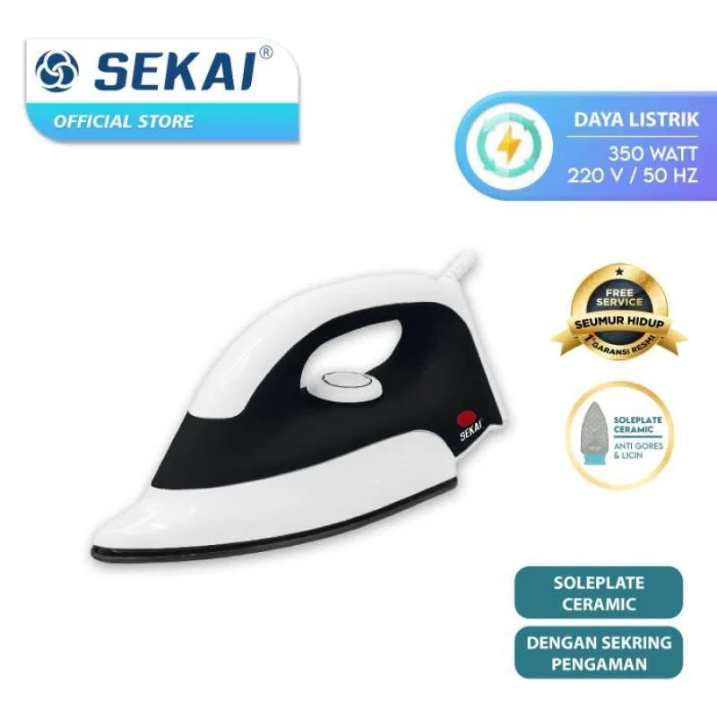 SEKAI Setrika Kering Premium Dry Iron DI - 886 Plat Keramik Ceramic Plate Anti Lengket Gores Hitam Biru Pink