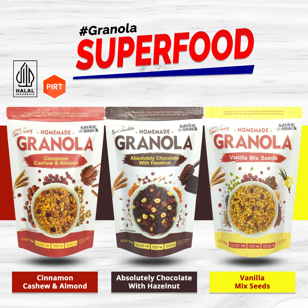 

SAVIOR SNACK GRANOLA 3 VARIAN RASA CRUNCHY ABSOLUTELY CHOCOLATE WITH HAZELNUT - CRUNCHY CINNAMON CASHEW ALMOND - VANILA MIX SEEDS - SEREAL MAKANAN SEHAT SARAPAN PRAKTIS BERGIZI TINGGI NUTRISI BAHAN ORGANIK TANPA GULA DAN GARAM