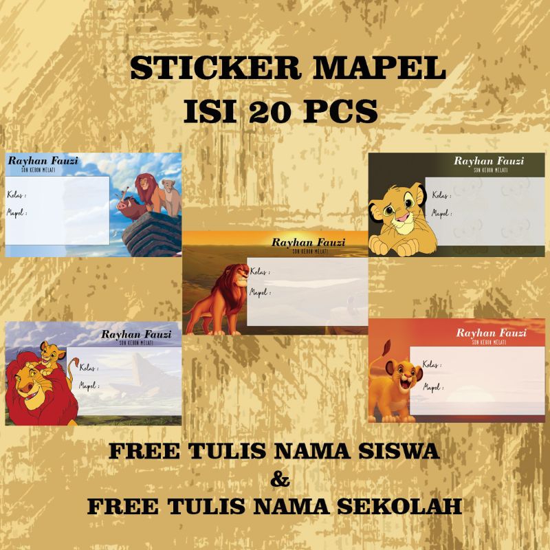 

sticker mapel isi 20 pcs, series lionking, label buku murah, sticker anak