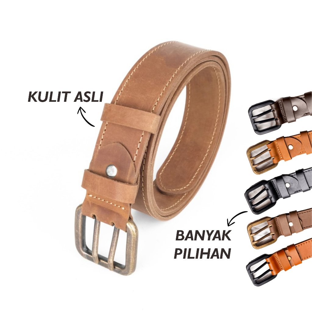 Ikat Pinggang Sabuk Pria Gesper Kulit Asli Lebar 4 cm buckle jarum Dua