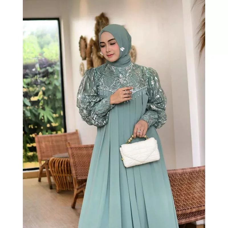 Gamis shenna show bahan ceruty baby doll premium full furing / busui / resleting depan original