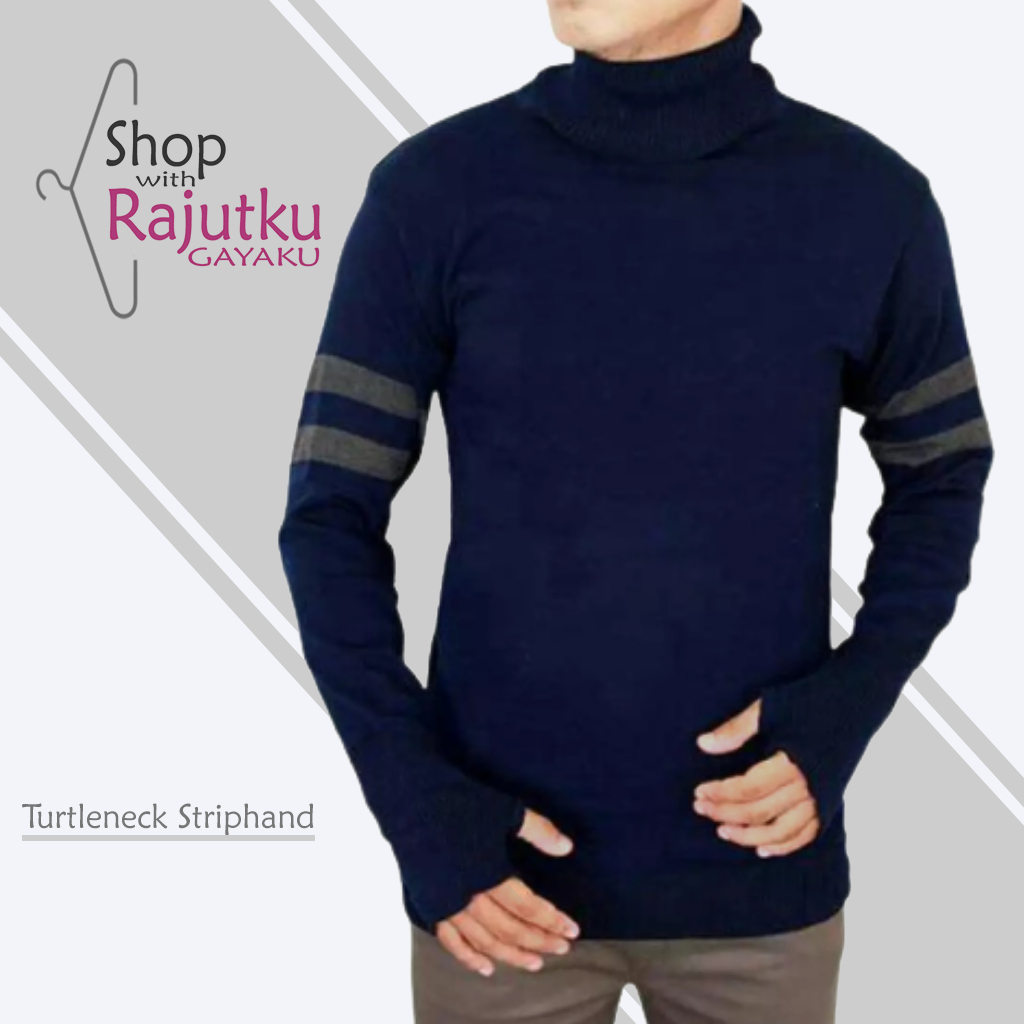 Sweater Rajut Pria Turtleneck Striphand Baju Kerah Tinggi Pria Dewasa Lengan Panjang Bahan Tebal
