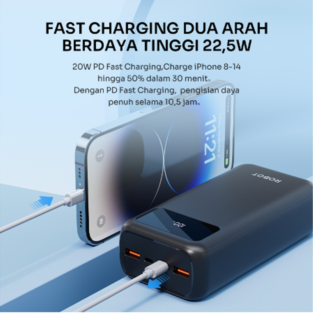 Power Bank Robot RT32 30000 Mah - RT30 Quick Charge 22.5W LED Display Support Pengisian Daya Cepat