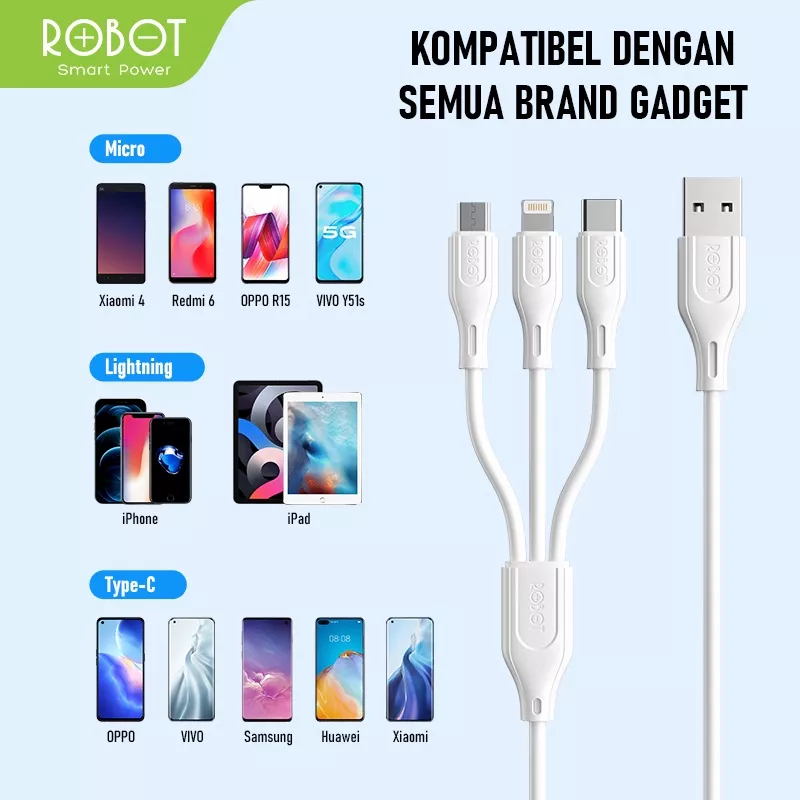 Kabel Data Fast Charging 3in1 Micro Type C Lightning 3A Robot RDY120 120cm