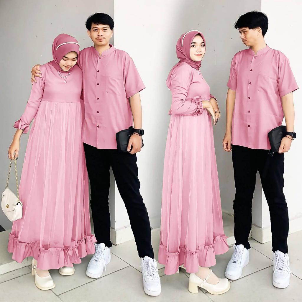 ALMIRAH 12 - Couple Marhaban Bahan Shakila Full Lapis Tile Maxi Sleting Belakang Ada Tali Ikat Nempel Kiri Kanan + Kemeja Ada Saku