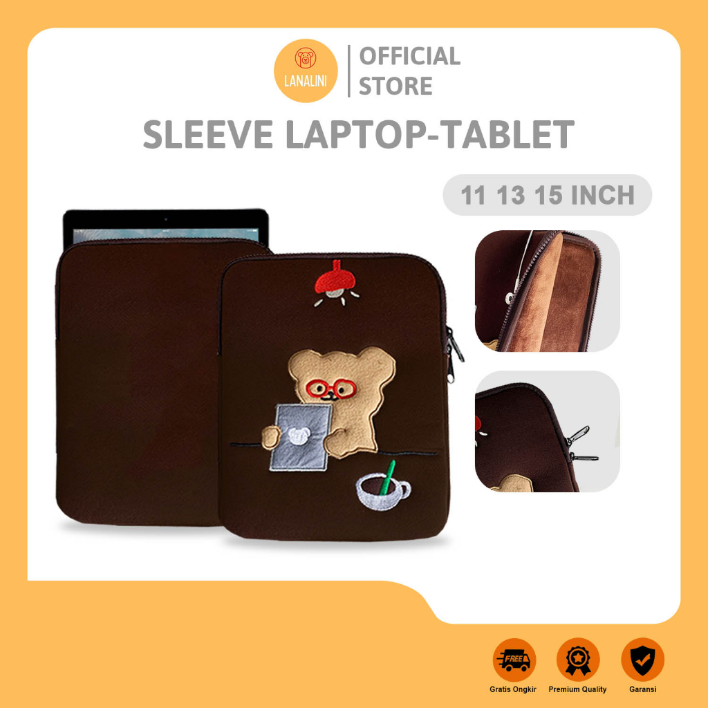 Tas iPad Universal Notebook Chromebook Sleeve Pouch Soft Case Bag Cover Tablet Samsung Galaxy Tab A 10 S S2 S3 S4 S5e S6 S7 9 10 11 12.9 13.3 14 15 Inch Warna Coklat Brown Motif Gambar Kartun Beruang Lucu Cewe Kuliah Sekolah Korea Cute Puffy