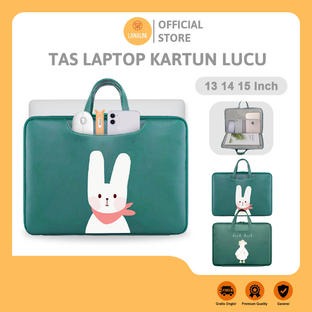 Tas Laptop Universal Waterproof Notebook Chromebook Sleeve Pouch Soft Case Bag Cover Macbook Leptop Lenovo Thinkbook ThinkPad Legion 12.9 13 13.3 14 15.6 Inch Warna Hijau Army Motif Gambar Kartun Kelinci Bebek Lucu Cewek Wanita Kerja Leather