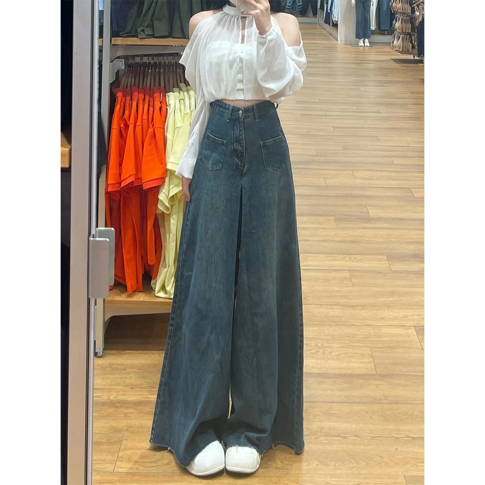 Biru Retro high waist terbaru kekinian celana jeans kulot panjang wanita