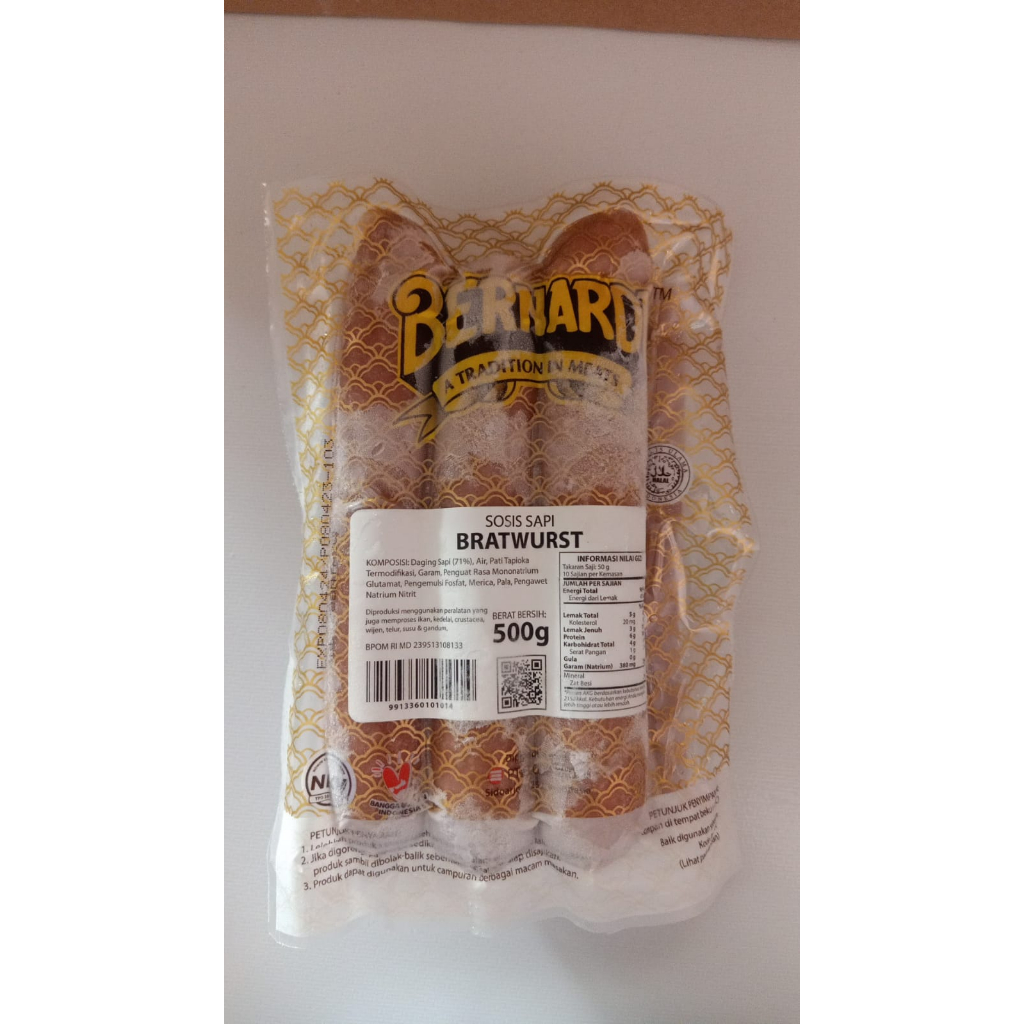 BERNARDI SOSIS BAKAR SAPI BRATWURST isi 6 HALAL PREMIUM 500 GR / LOLLY FROZEN