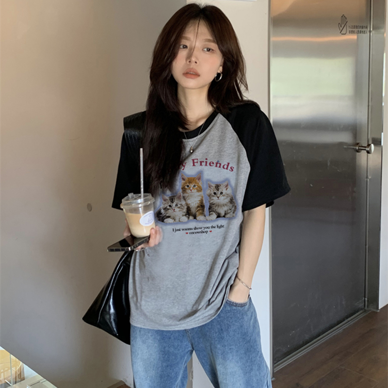 Print T-shirt Kaos Lengan Pendek Cartoon Fluffy Cat Oversize Atasan Wanita Korean Style