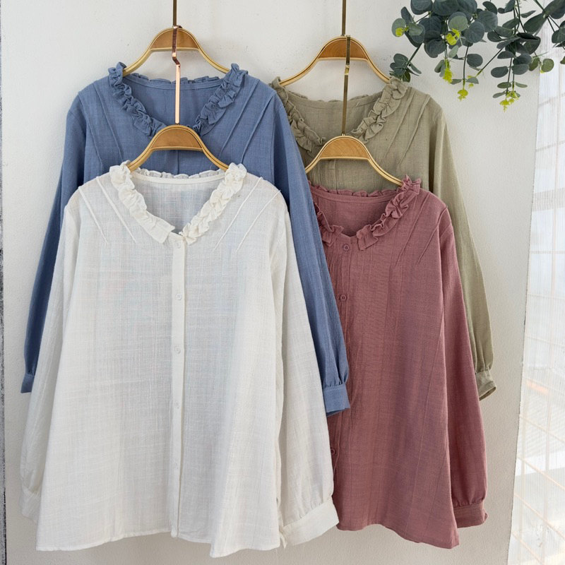 KEMEJA WANITA KERAH RUFFLE / KEMEJA WANITA LENGAN PANJANG LINEN PREMIUM / TOP SHIRT KOREAN STYLE