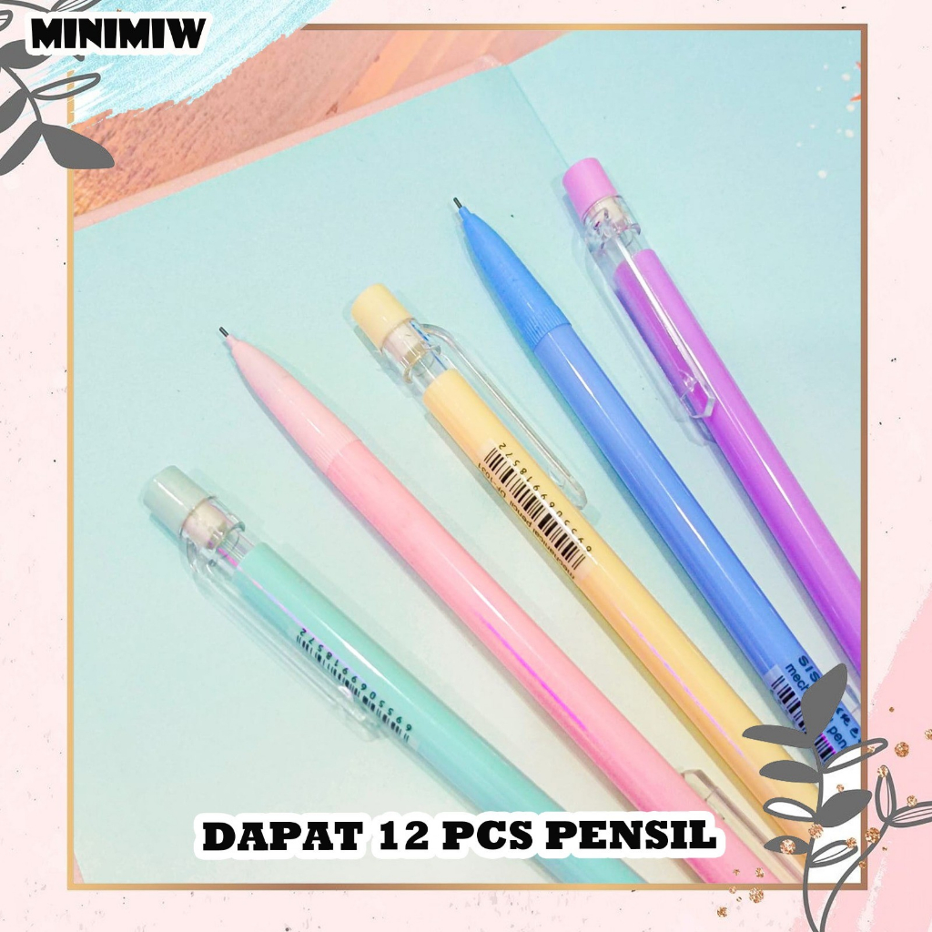 SELUSIN Pensil cetek mekanik warna makaron isi 12 Pcs Pencil Termurah unik Lucu BY MINIMIW