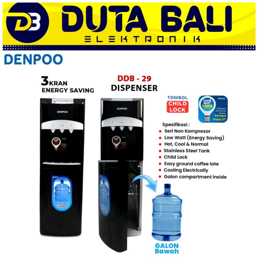 Denpoo Dispenser DDB-920 Standing Galon Bawah, Hot, Cold & Normal