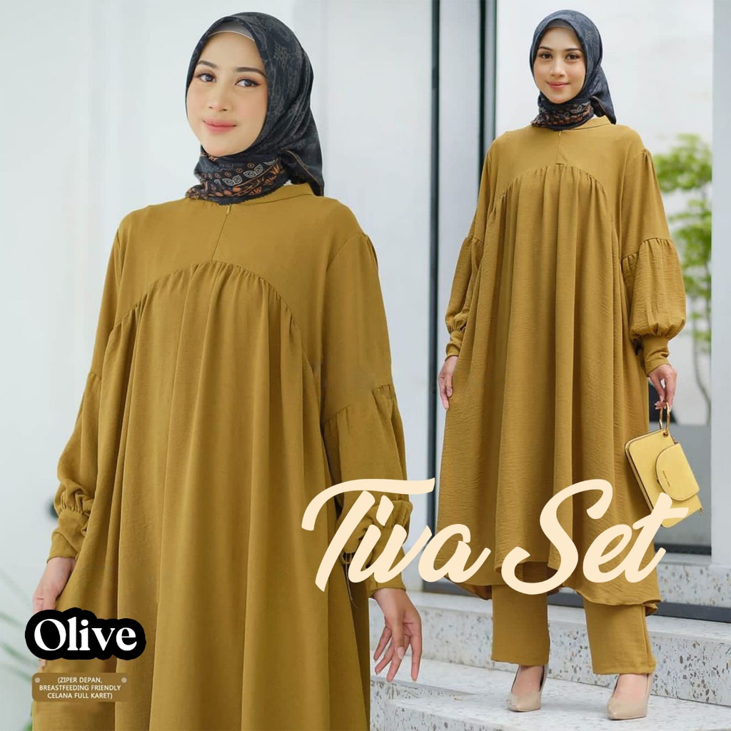 Tiva Set Long Tunik Wanita Jumbo Crinkle Air Flow / One Set Baju + Celana COD