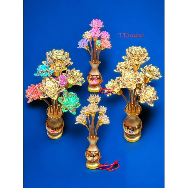 Hiasan | Pajangan Lampu Altar Puja Teratai Kristal Kaki Vas Bunga LED Warna Warni Premium 7 Teratai 