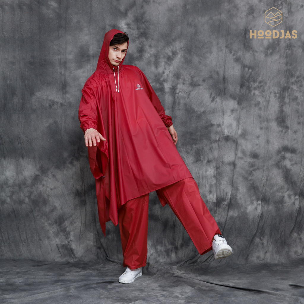 HOODJAS RAINCOAT JAS HUJAN PONCO LENGAN KELELAWAR DEWASA PRIA WANITA BAHAN PVC ANTI REMBES WARNA MERAH