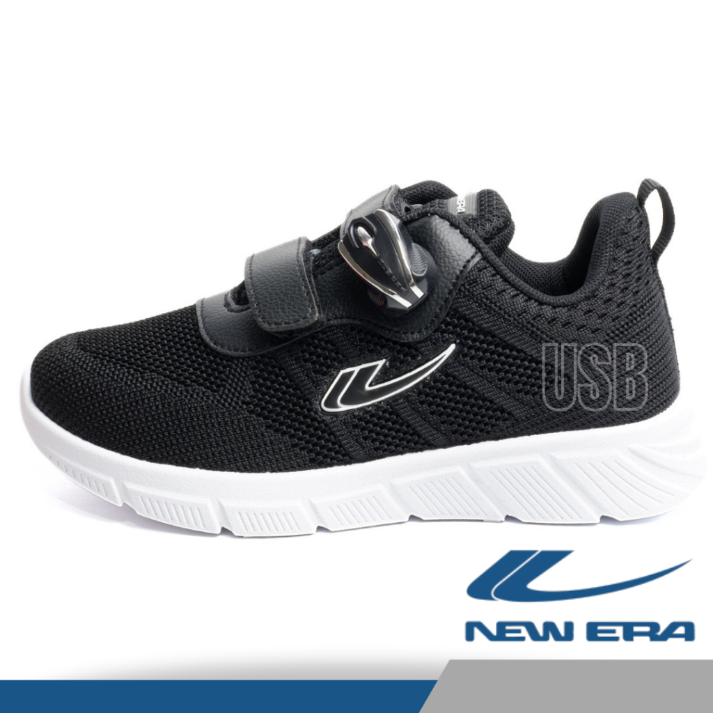 Sepatu Sekolah Anak Perempuan Laki Lelaki Sekolah Magnet PAUD TK SD New Era Indonesia Full Hitam Putih Strip Sneaker Anak2 Perekat Tempel