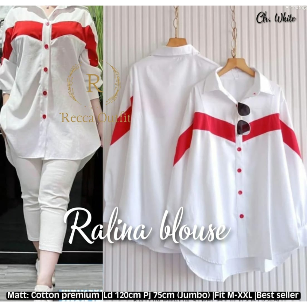 ♥︎ Ralina Blouse Termurah Atasan Blus Jumbo Wanita Merah Putih Ld 120 Premium Katun Ori Recca