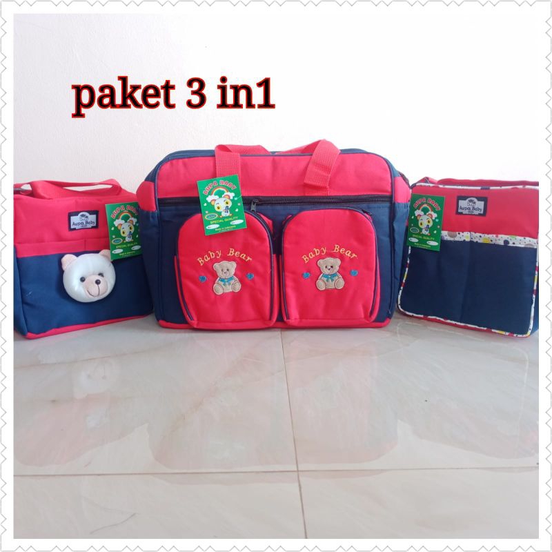 Paket 3in1 Tas bayi besar tas bayi beruang dan tas bayi saku polos