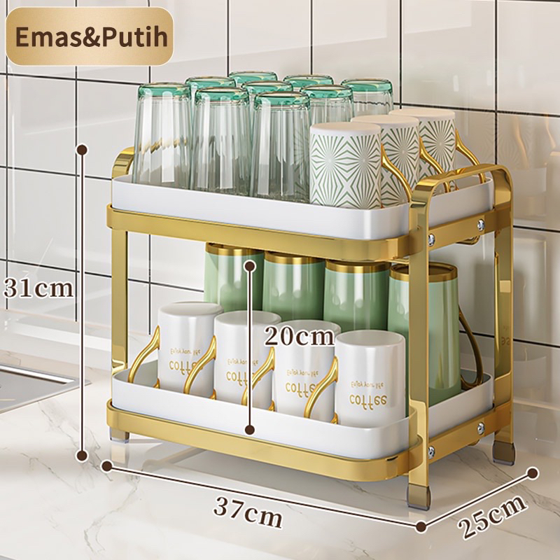 PREMIUM GOLD RAK TATAKAN GELAS MUG CANGKIR BAKI KITCHEN SET SUSUN TINGKAT EMAS HITAM PUTIH MEWAH TEKO TEH WADAH ALAS DAPUR