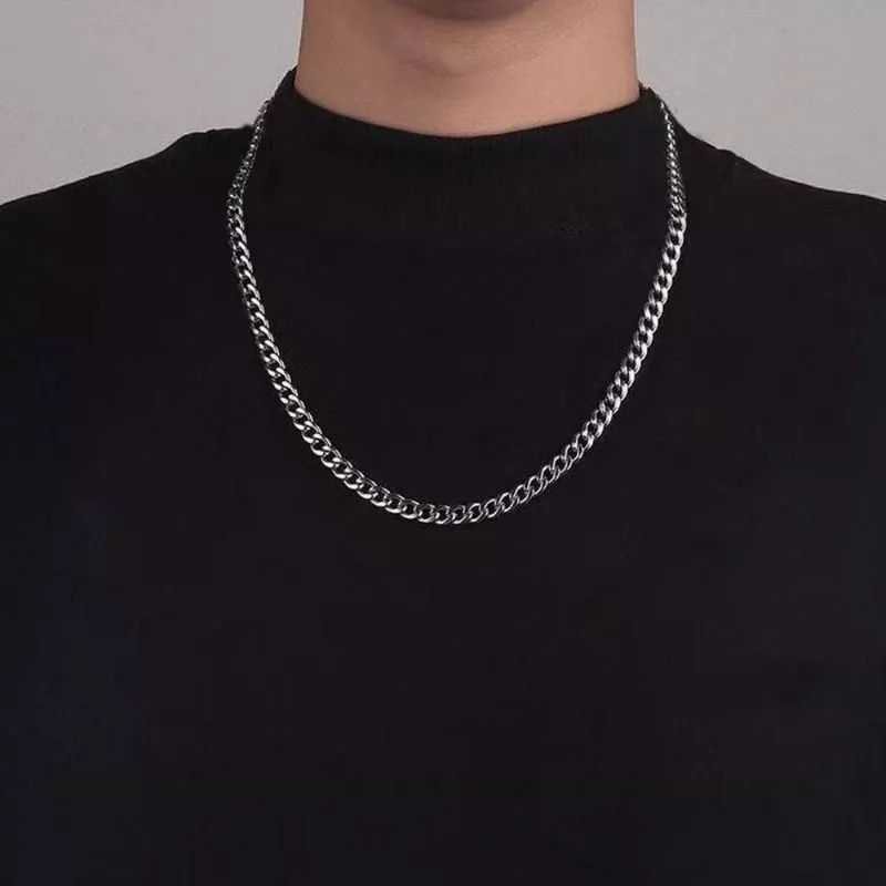 [Anna.Solo] Kalung Rante Pipih Titaniumsteel Silver L: 3mm Panjang 50cm | Kalung Unisex | Kalung Sil