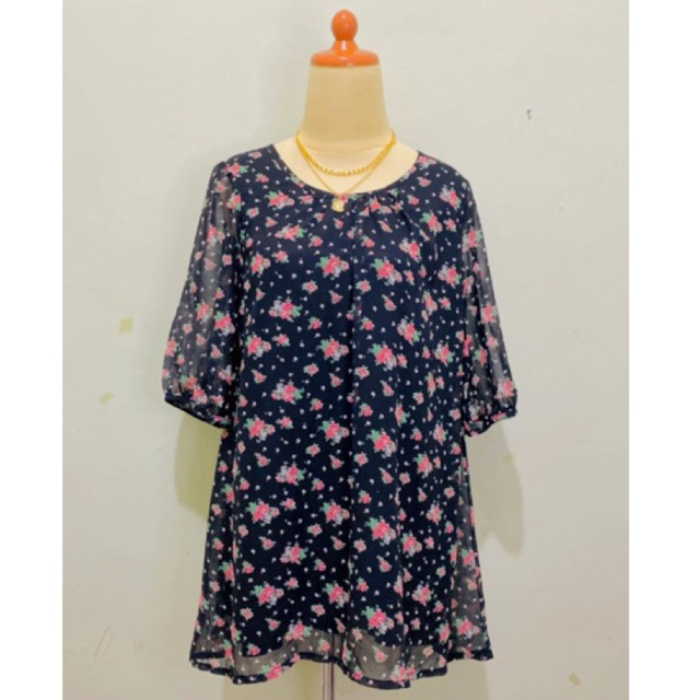 Dress Midi tunik bahan siffon full furing Motif bunga floral flower tropis sultan lengan model balon