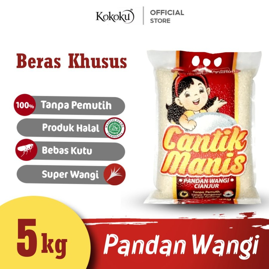 

KOKOKU - Beras Pandan Wangi 5Kg asli Cianjur Cantik Manis Pulen, Bebas Kutu, Tanpa Pengawet, Kemasan Vacum