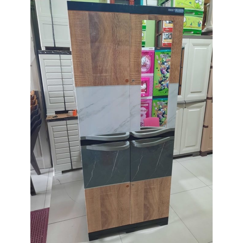 Lemari Plastik susun 4 Motif Kayu Merek BestPlast Cermin Kunci