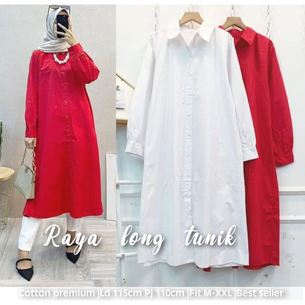 ♥︎ Raya Long Tunik Merah Putih Termurah Atasan Wanita Busui Ld 115 Premium Katun
