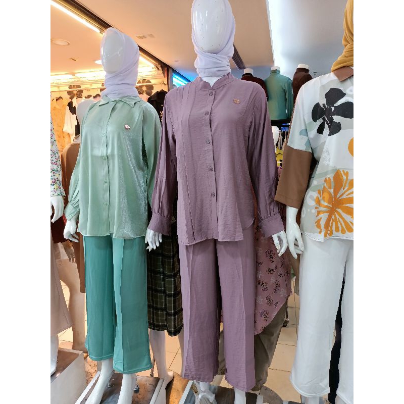 one set, setelan celana, setelan katun polo linen, setelan shimer