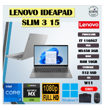 LENOVO IDEAPAD SLIM 3 15 I7 1165G7 MX450 2GB/ 16GB 512GB W11 15.6 FHD