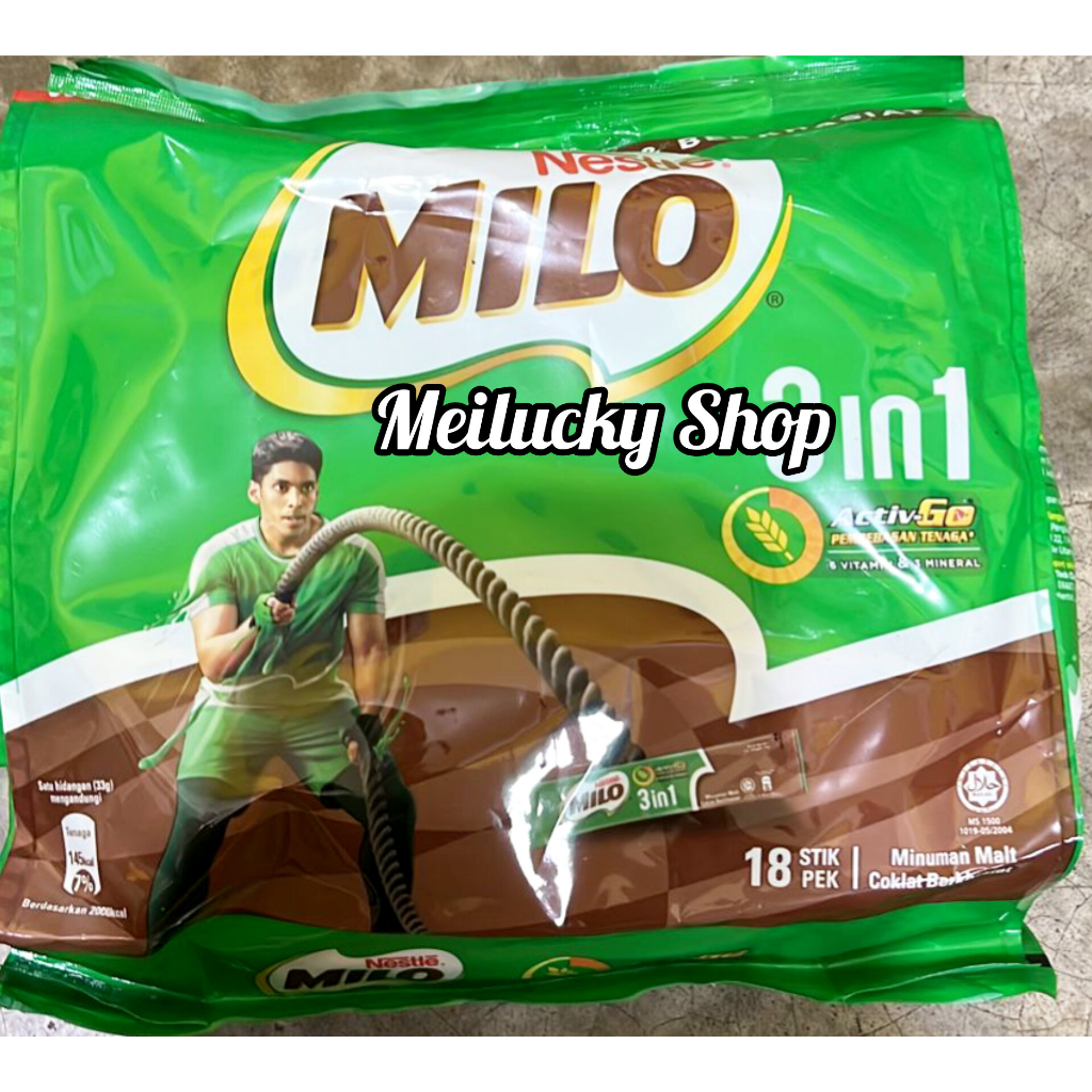 

MINUMAN MALK COKLAT BERKHASIAT 3IN1 PRODUK MILO 18 STIK MALAYSIA