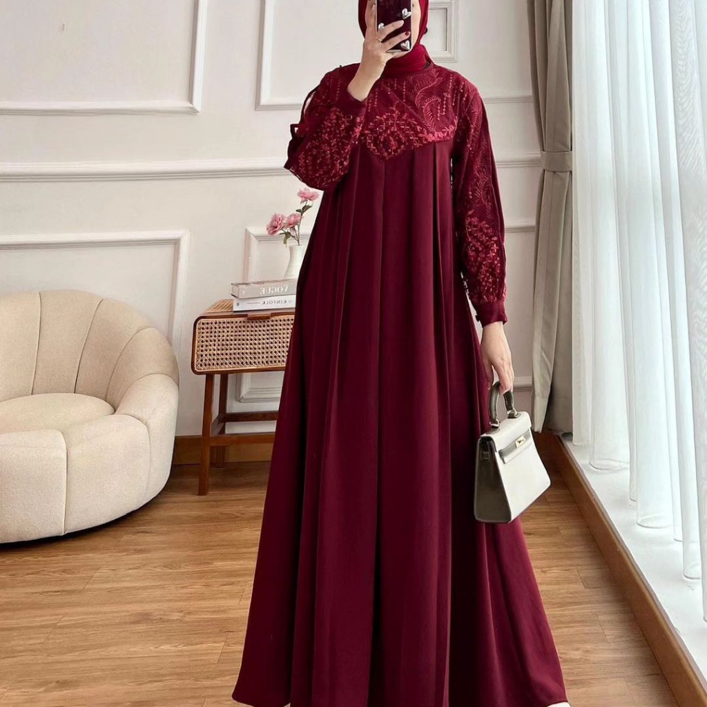 Dress Maxi Irena Cringkel Airflow Mix Brukat Payet Sleting Belakang All Size Warna Maroon,Mint,Navy,