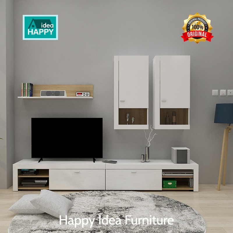 𝗛𝗮𝗽𝗽𝘆 𝗜𝗱𝗲𝗮 - Meja TV LED Wall Unit Minimalis Elegan White Glossy Mewah Rak Dinding Bufet Modern TV R