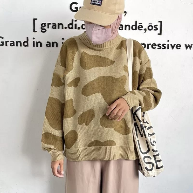 Fashion wanita trendy Sweater Knit Rajut Premium Atasan Blouse Wanita Motif Sapi Momo