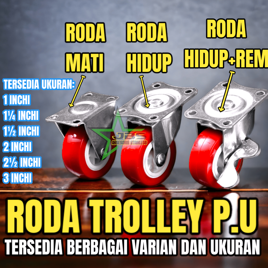 RODA TROLI PU MERAH 3 INCHI | MATI | HIDUP | HIDUP + REM