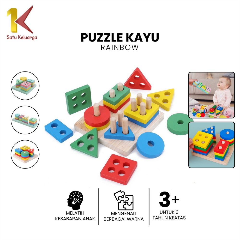 Satu Keluarga Puzzle Geometri Mainan Edukasi Anak M332 Wooden Toys Matching Shape Papan Susun Sortir